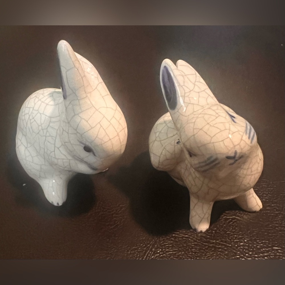 2 Vintage Dedham Pottery Rabbits, Ceramic Bunny Figurines - White and Blue